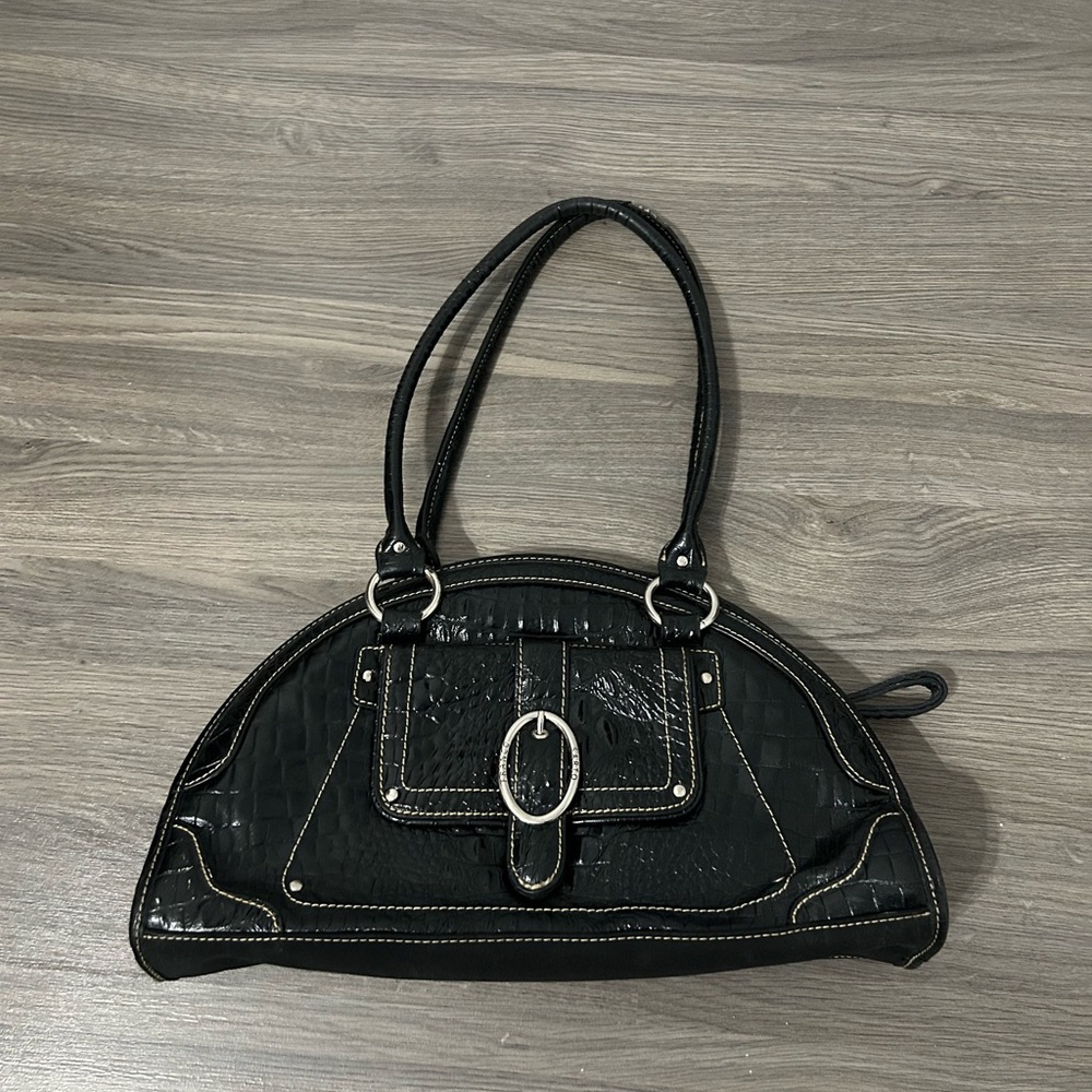 Y2K Vintage Style Franco Sarto Exotic Skin Crescent Structured Bag Shiny Black